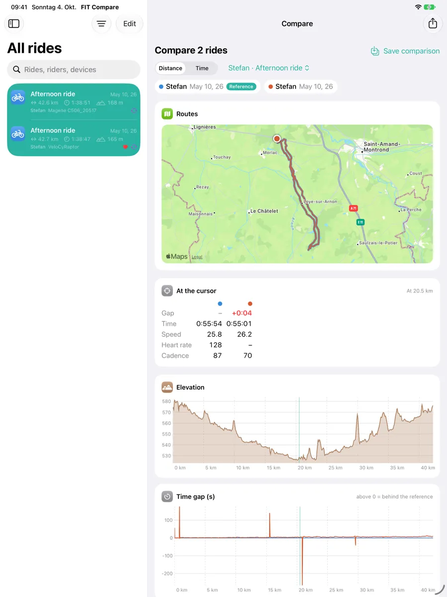 Two rides compared at the cursor: gap, time, speed, heart rate and cadence