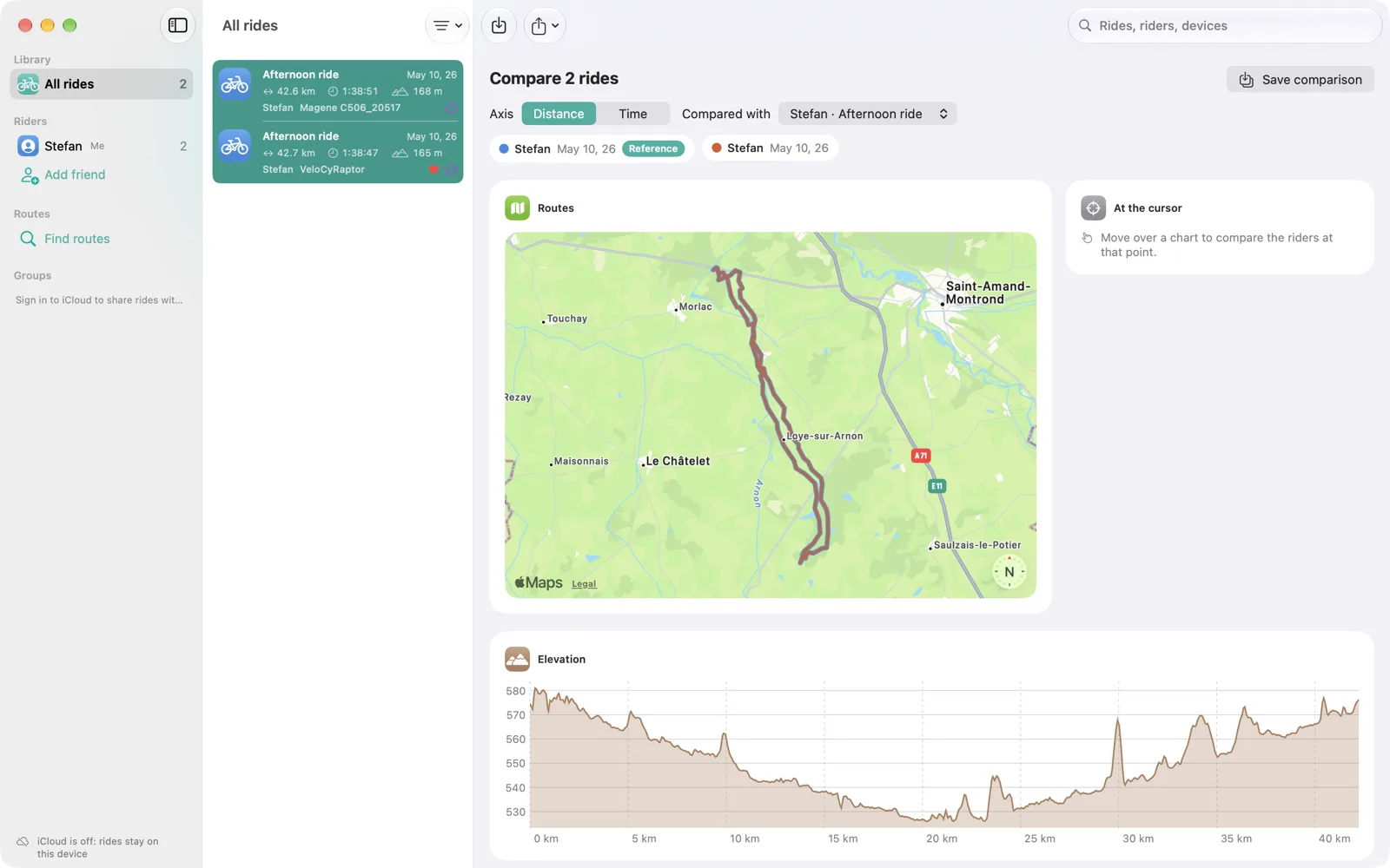 FIT Compare on the Mac comparing two rides, with route map and elevation chart
