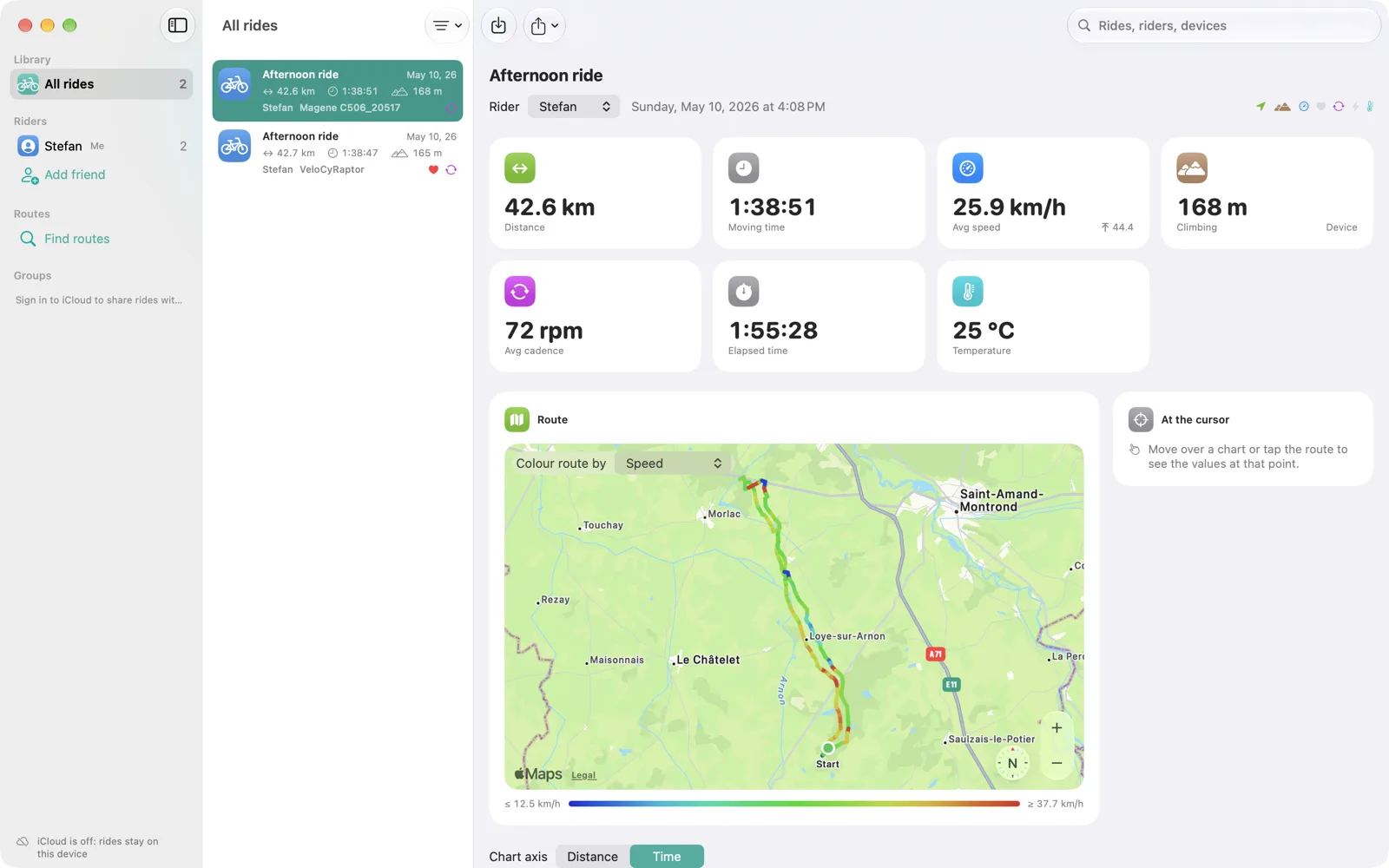 A single ride with distance, climbing and cadence cards and the route coloured by speed