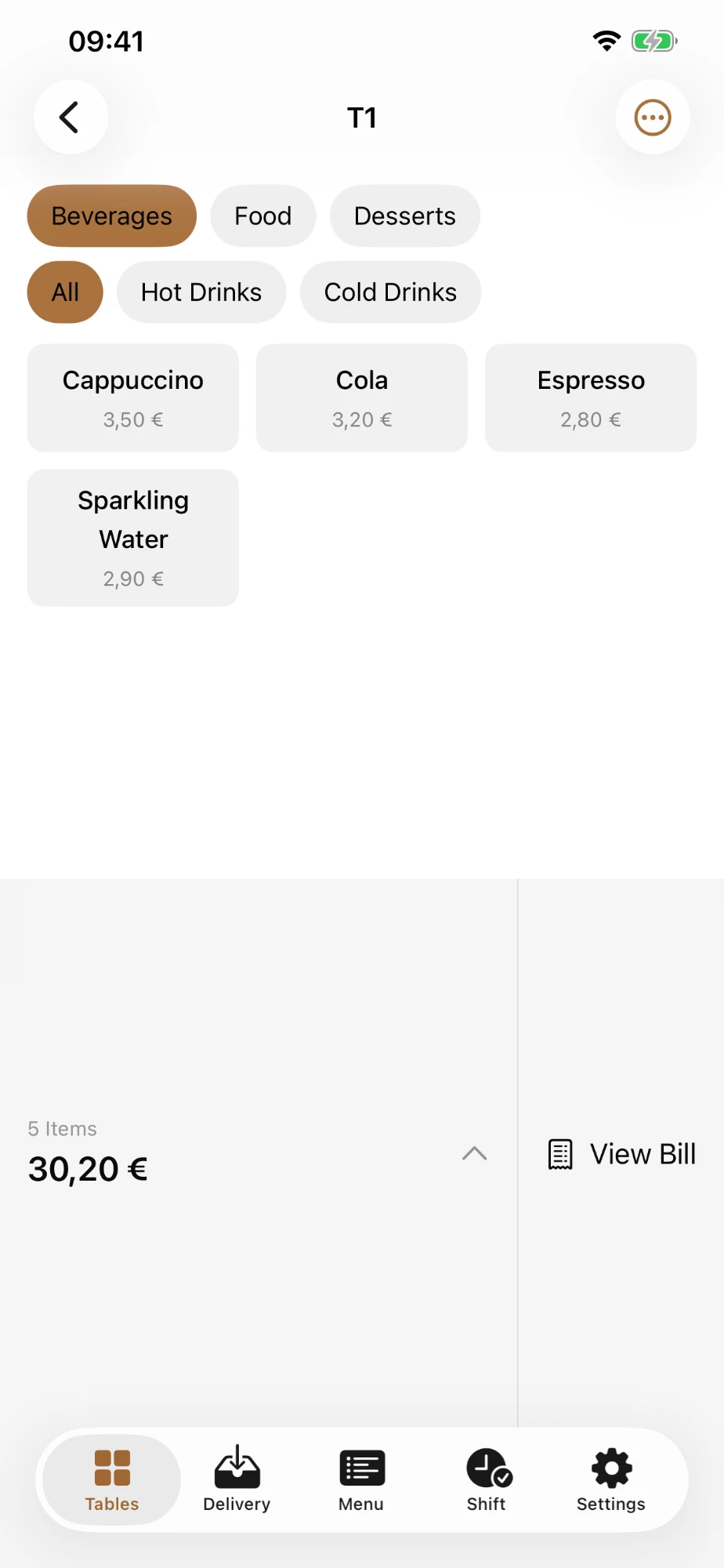 Order screen with menu layers and a running total