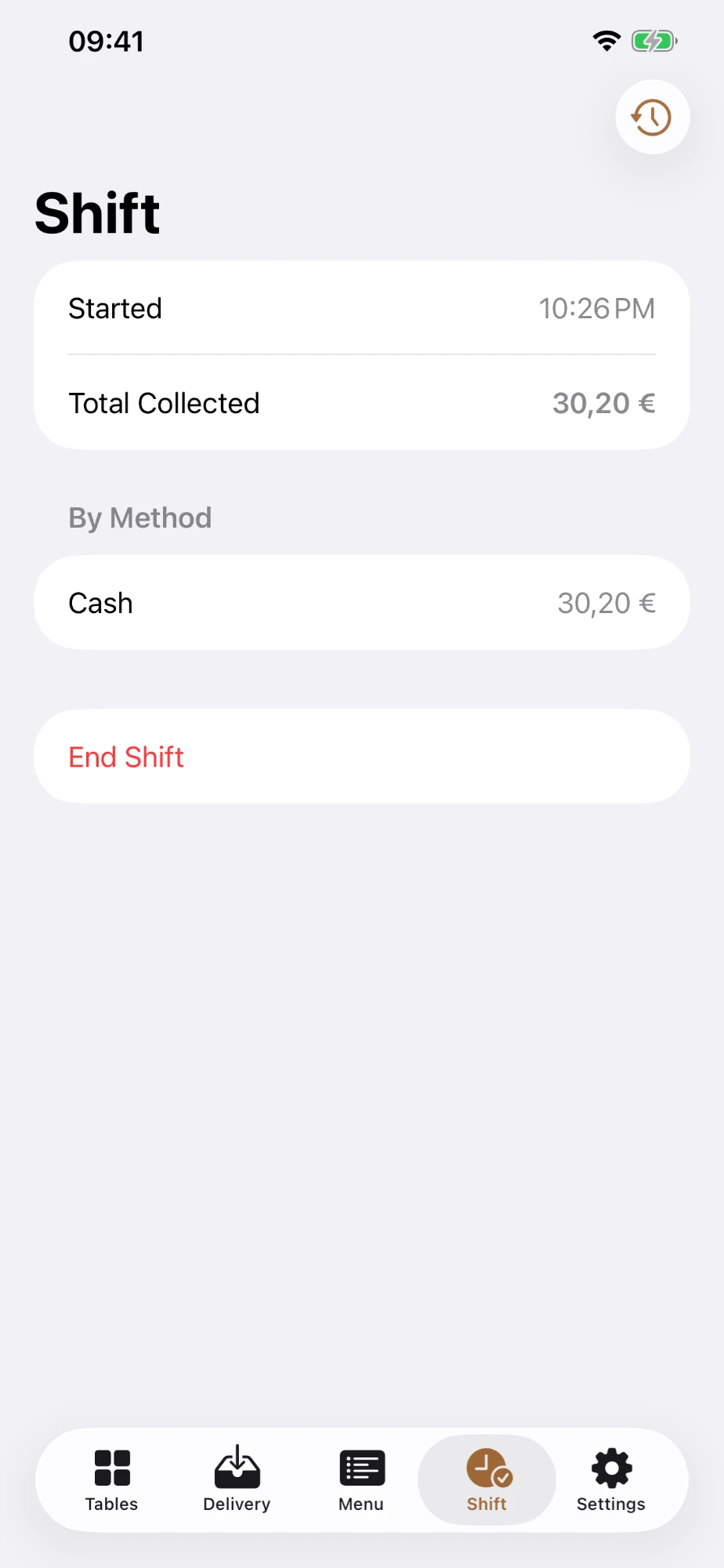 Shift screen with total collected by payment method