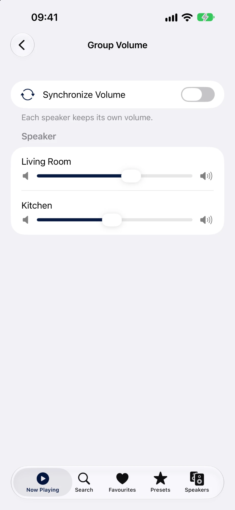 Group Volume screen with an individual slider for each speaker