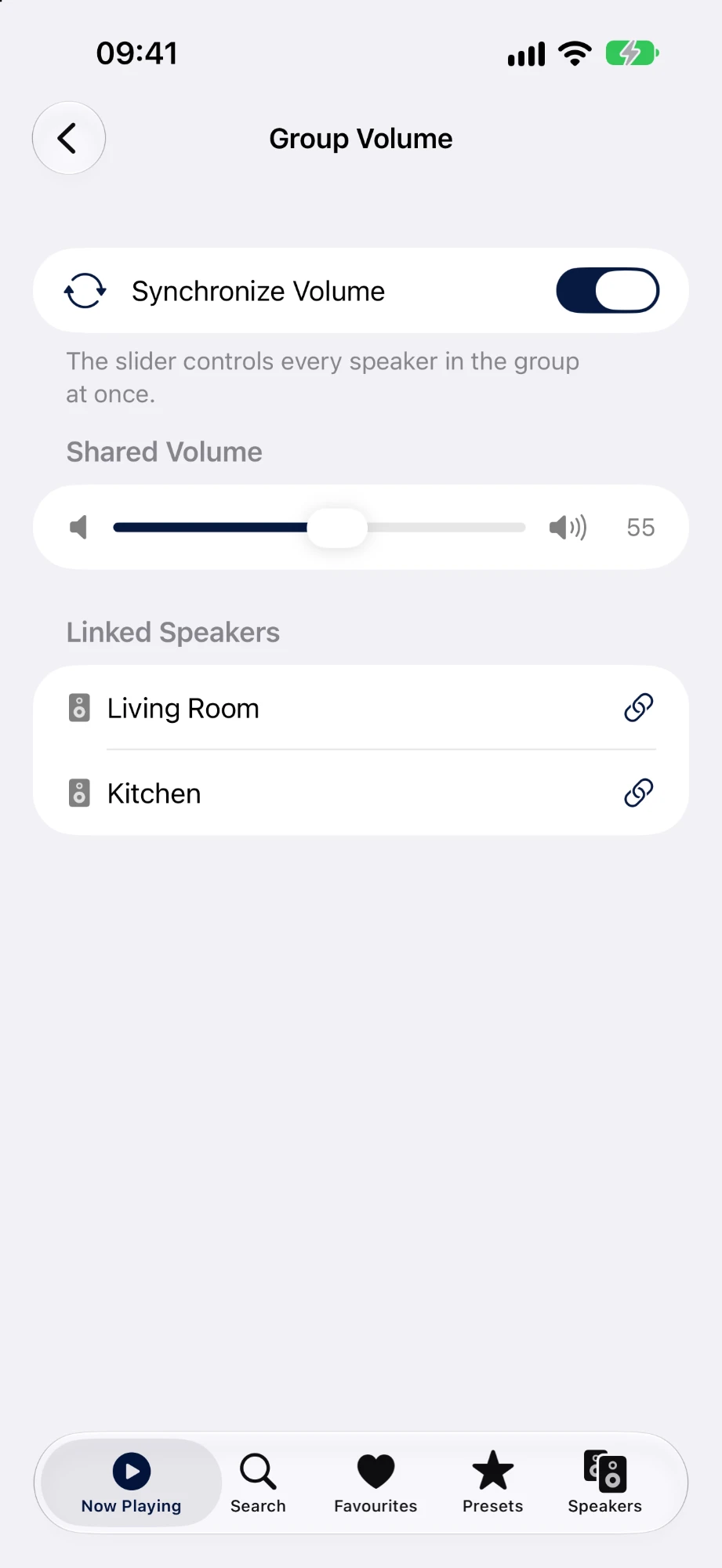 Group Volume screen with Synchronize Volume on and one shared slider