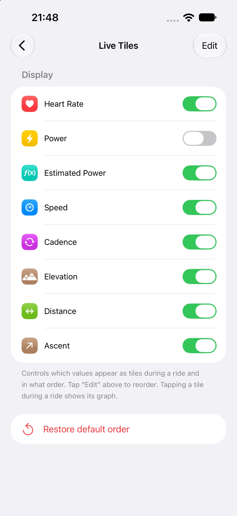 Live Tiles settings with toggles for each metric
