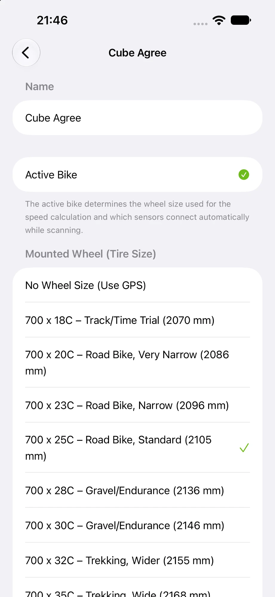 Bike settings with wheel size selection