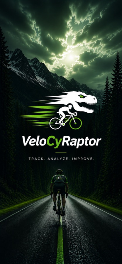VeloCyRaptor launch artwork — a cyclist on a mountain road under a raptor-shaped cloud